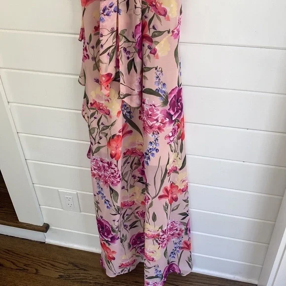 Eliza J | Halter Neck Floral Print Chiffon Sleeveless Side Slit Cascade Ruffle - Picture 6 of 11